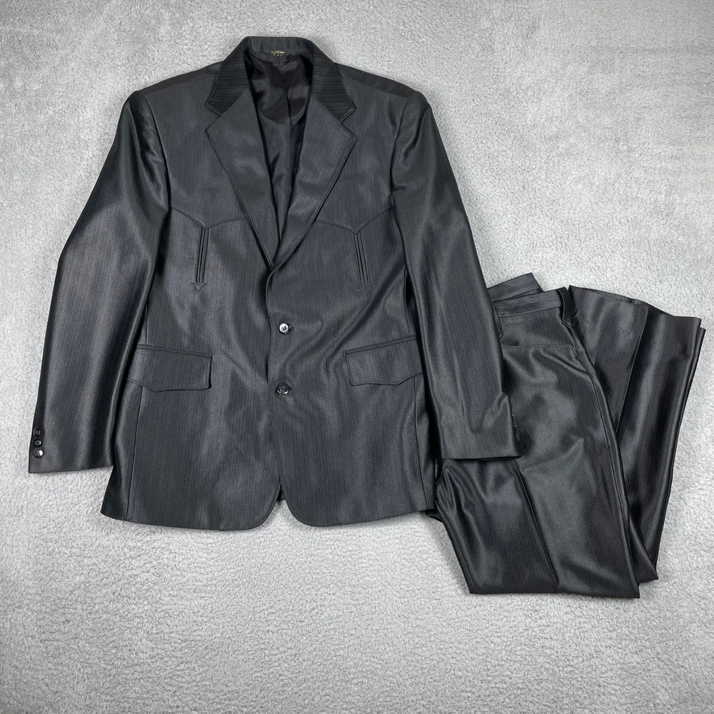 VTG Pagano West Western Suit Mens Black Textured 2PC Blazer 42R Trousers 34